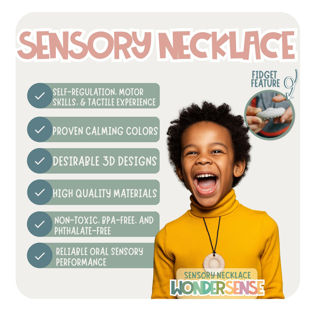 Wonder Sense Whimsy Necklaces worn by a child for discreet sensory support.
