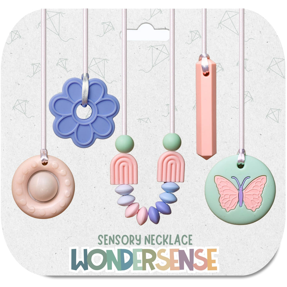Wonder Sense Whimsy Necklaces pack closeup for safe chewing and sensory calm.