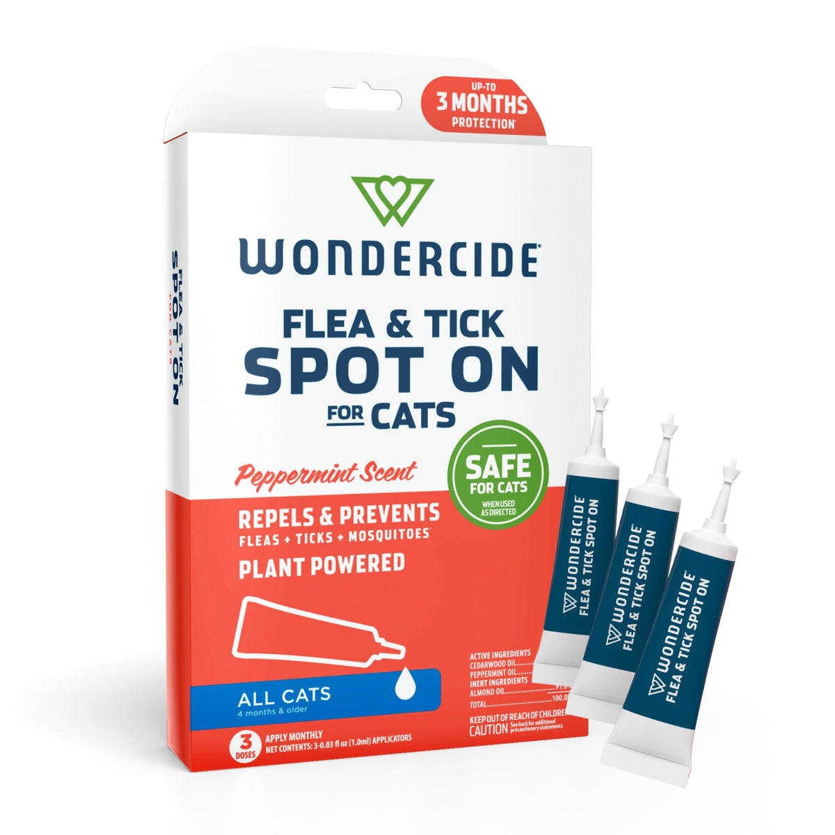 Wondercide cat spot-on bottle shows peppermint formula to repel fleas and ticks.