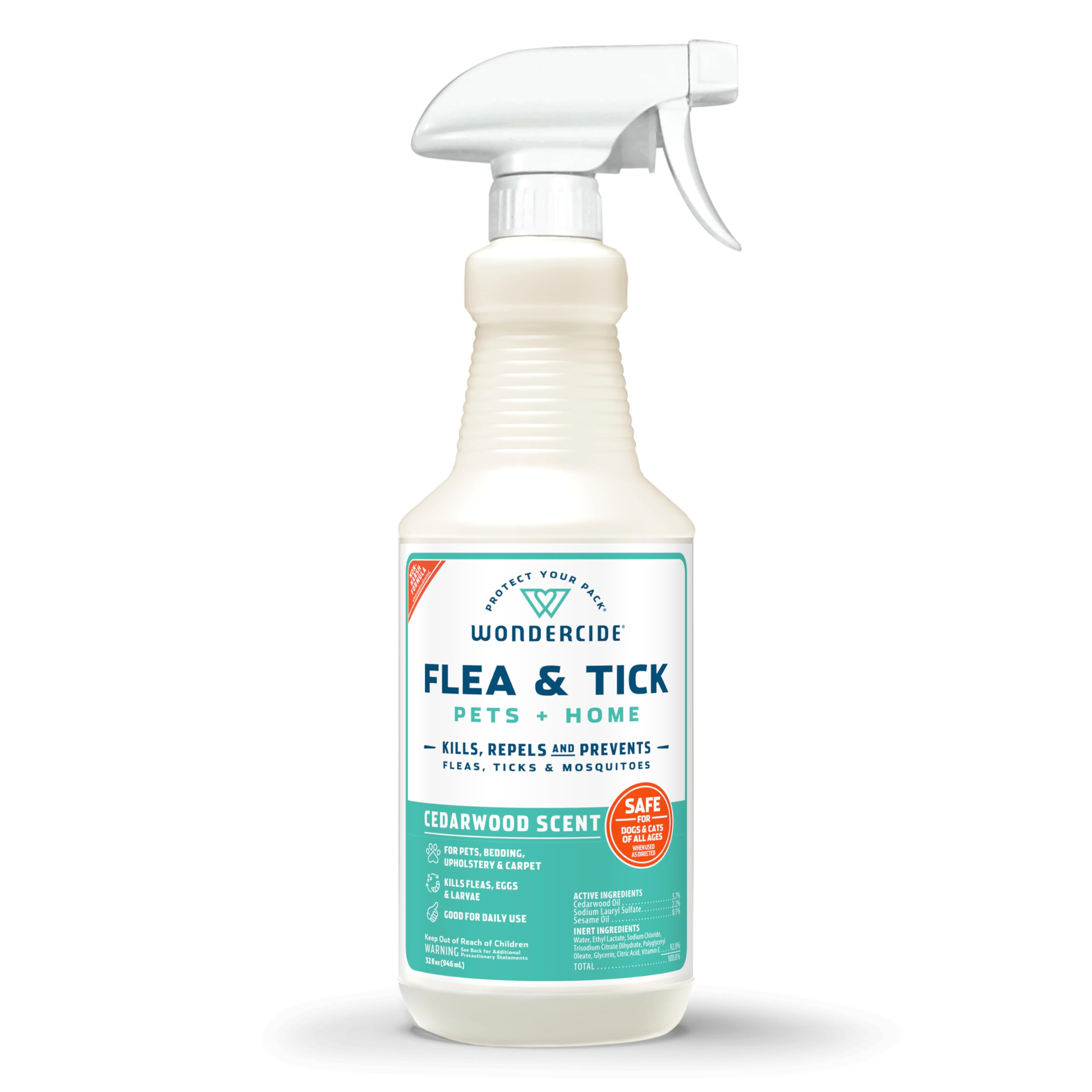 Wondercide cedarwood spray bottle for pets and home, kills fleas on contact.