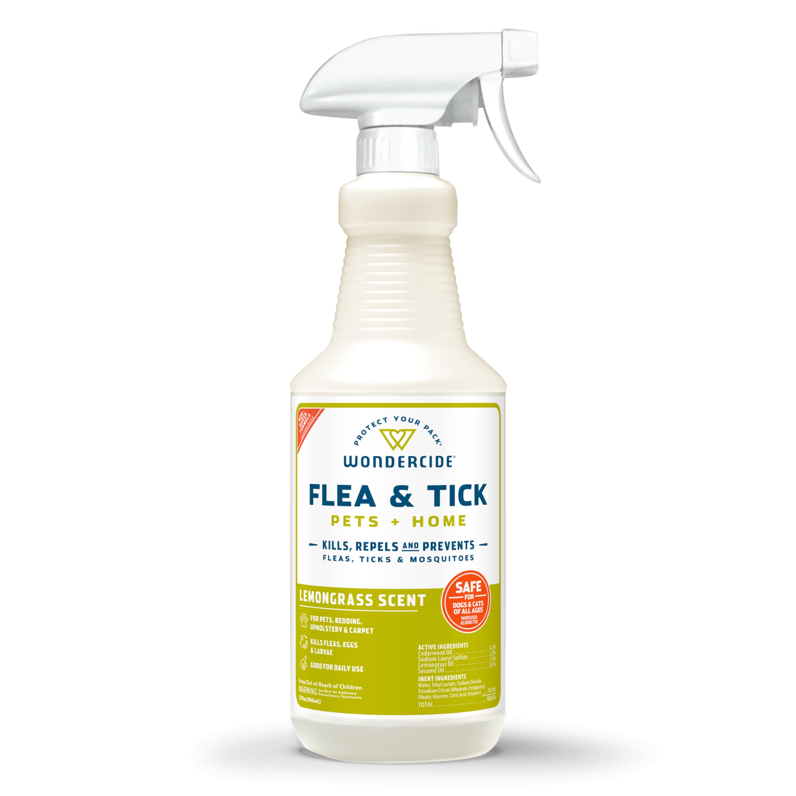 Wondercide spray bottle with lemongrass scent for fleas, ticks and mosquitoes.