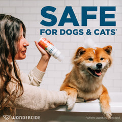 Wondercide shampoo used during bath time for dogs and cats.