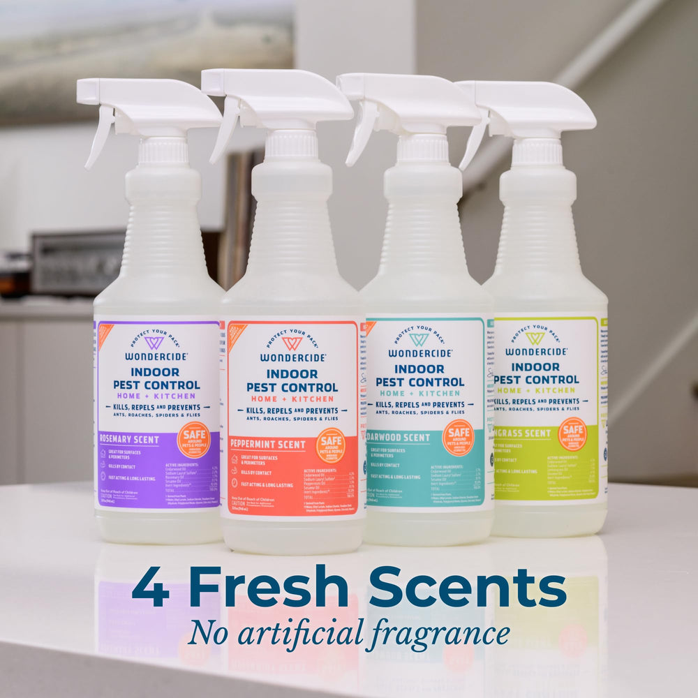 Label highlights natural essential oils in Wondercide formula for a safer home.