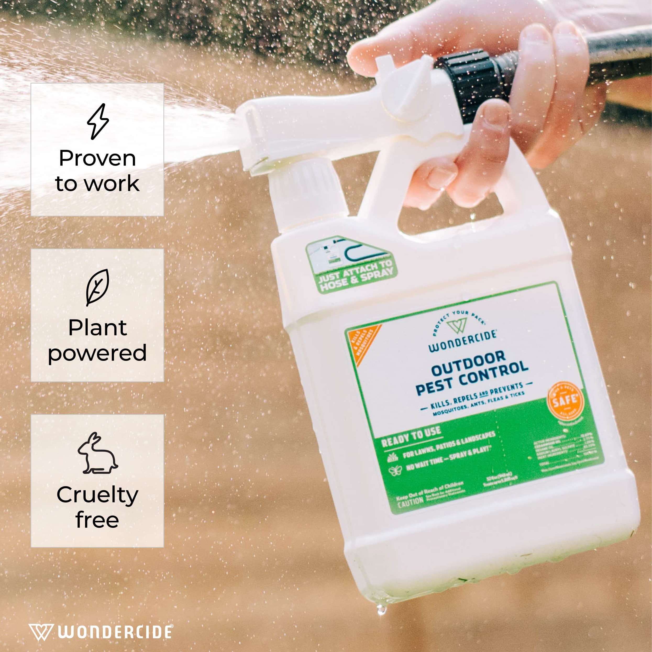 Wondercide Outdoor Pest Control Spray directed at garden plants for safe pest relief.