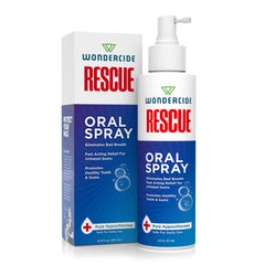 Wondercide Rescue oral spray bottle demonstrates easy, mess-free daily dental care for pets.