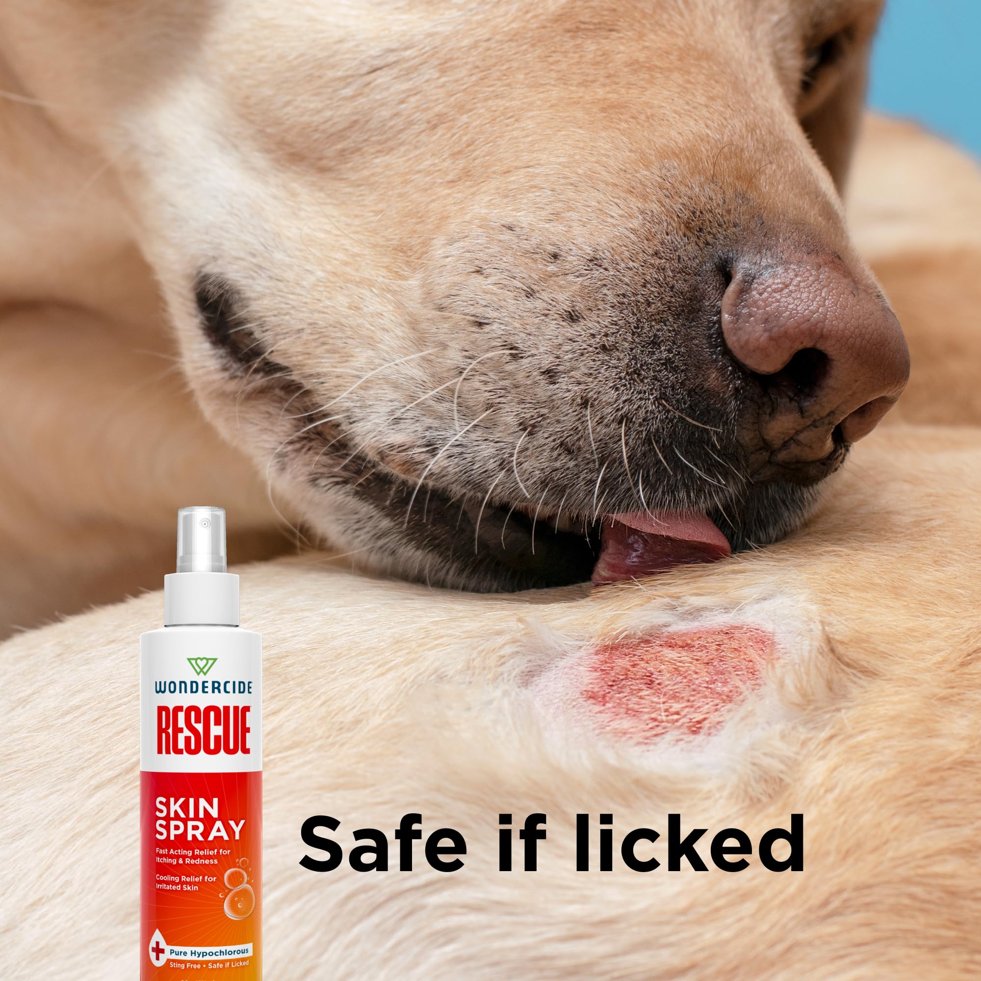 Wondercide Rescue Skin Spray on back providing gentle relief to sensitive skin