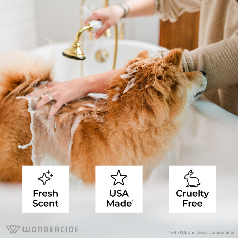 Wondercide lathering action on a wet coat during bath time