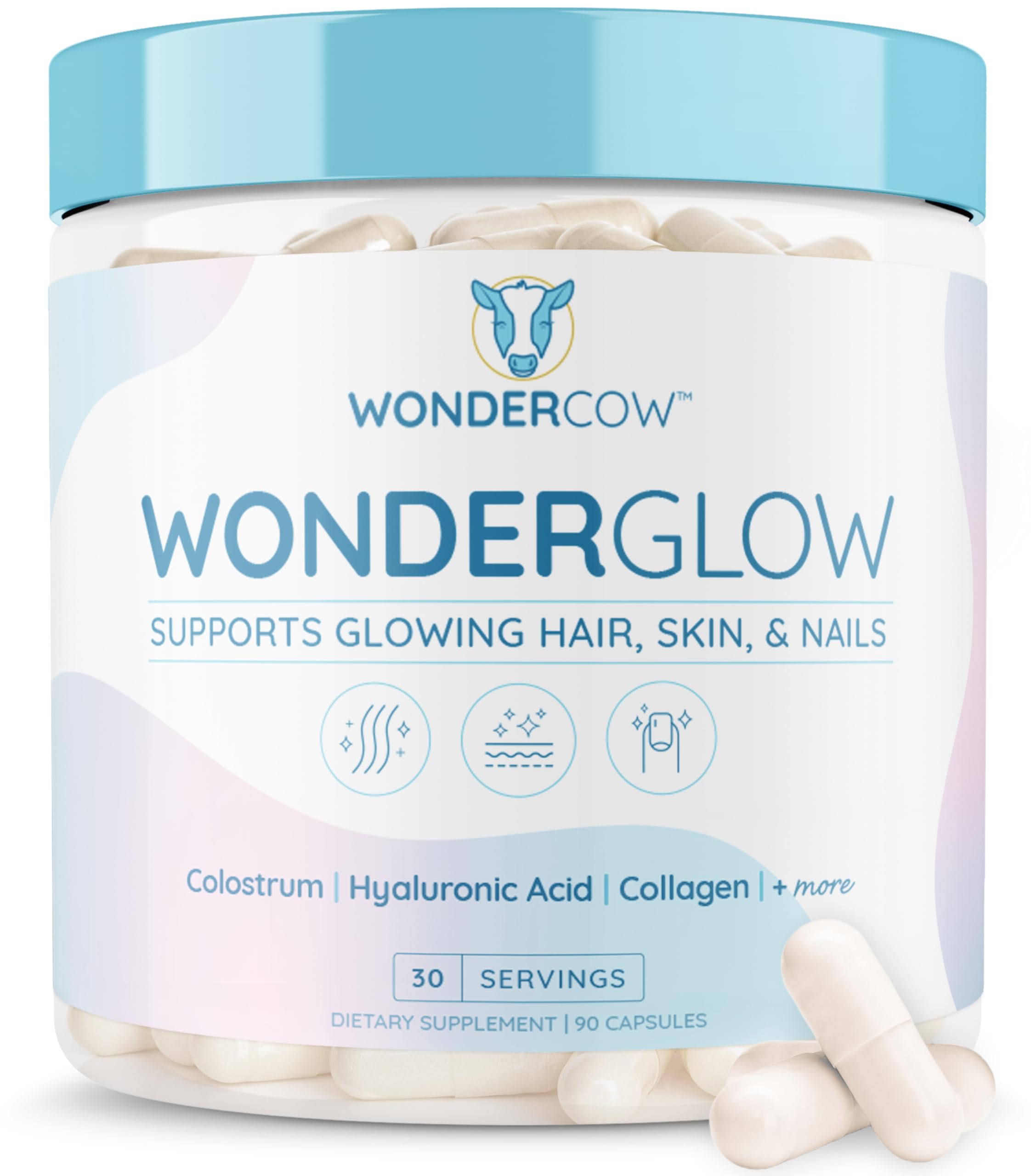 WonderCow WonderGlow bottle front promoting healthier hair and glowing skin