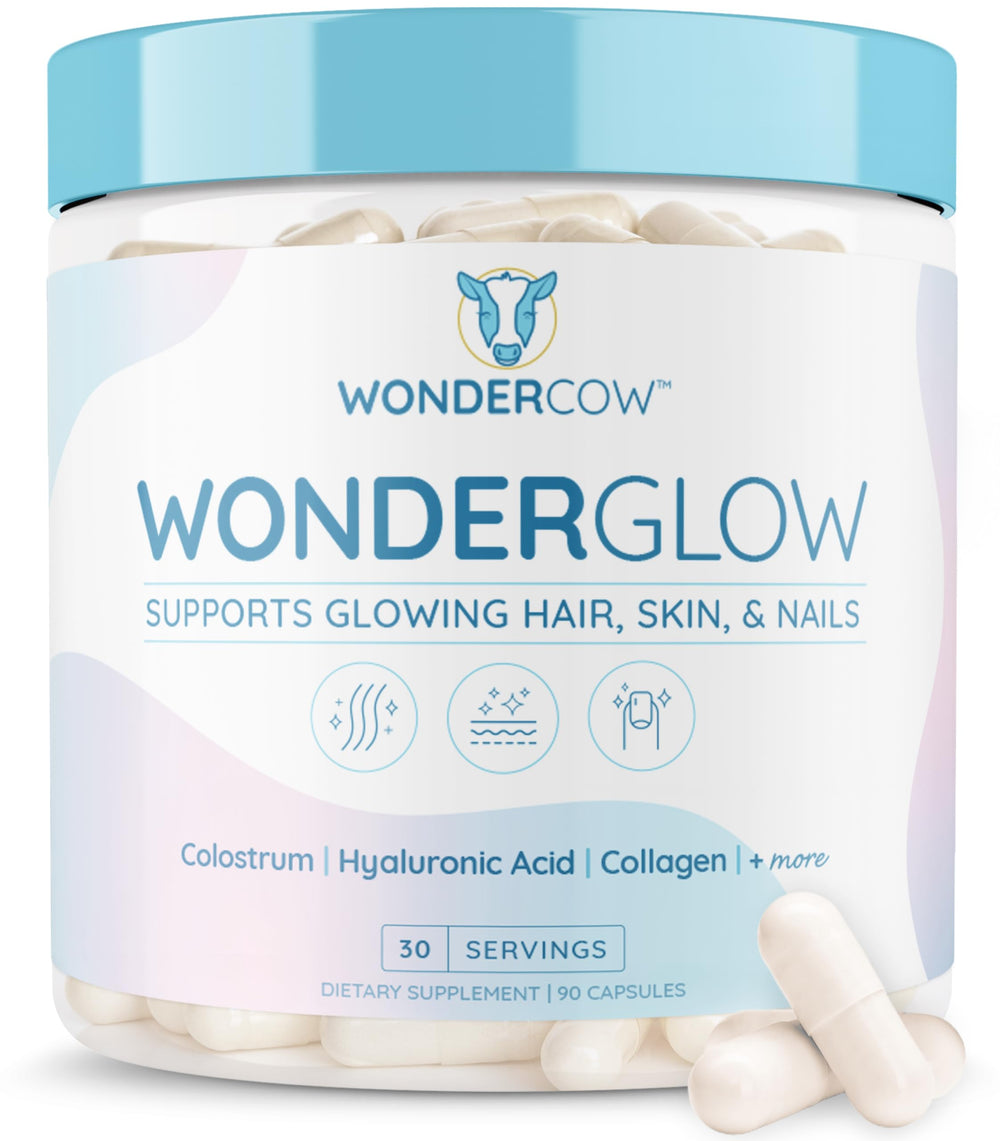 WonderCow WonderGlow bottle front promoting healthier hair and glowing skin