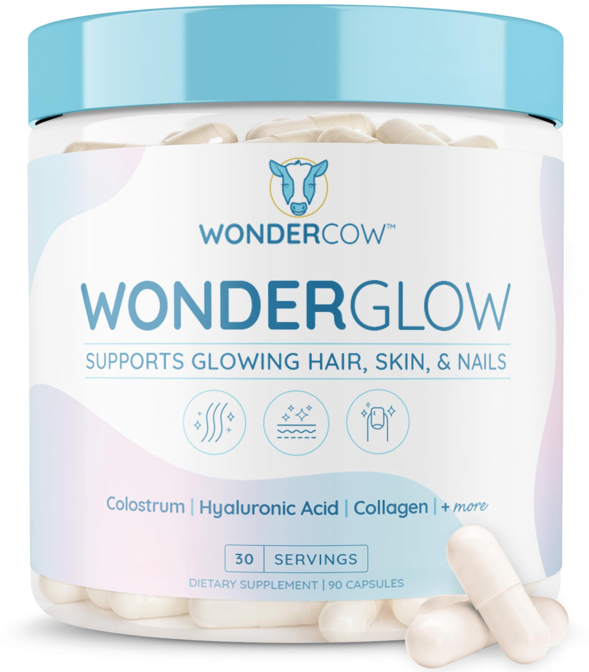WonderCow WonderGlow bottle front promoting healthier hair and glowing skin