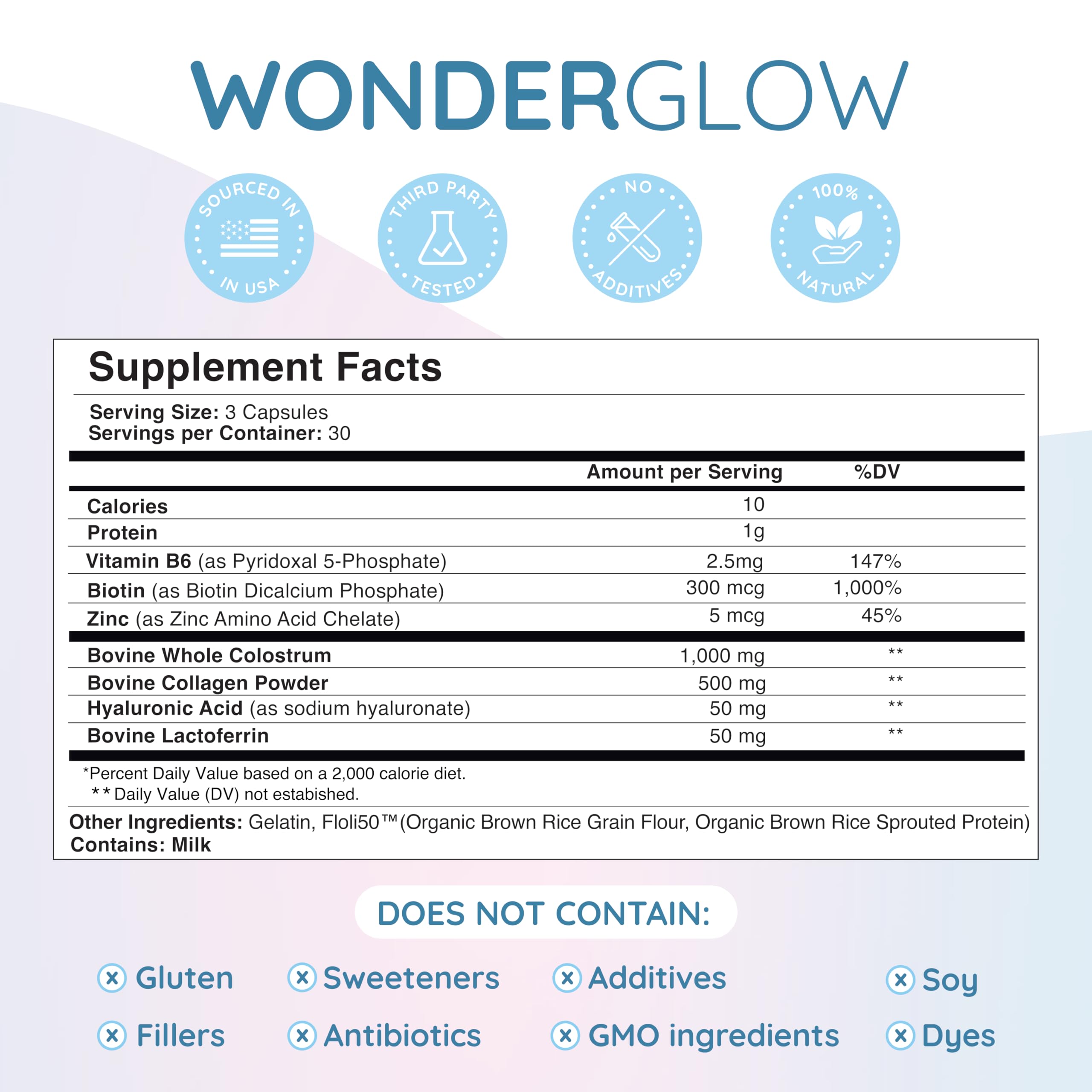 WonderCow WonderGlow bottle back with supplement details for daily beauty