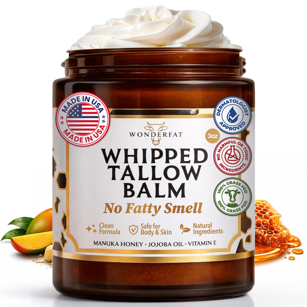 Wonderfat whipped tallow balm in a jar for quick hydration.
