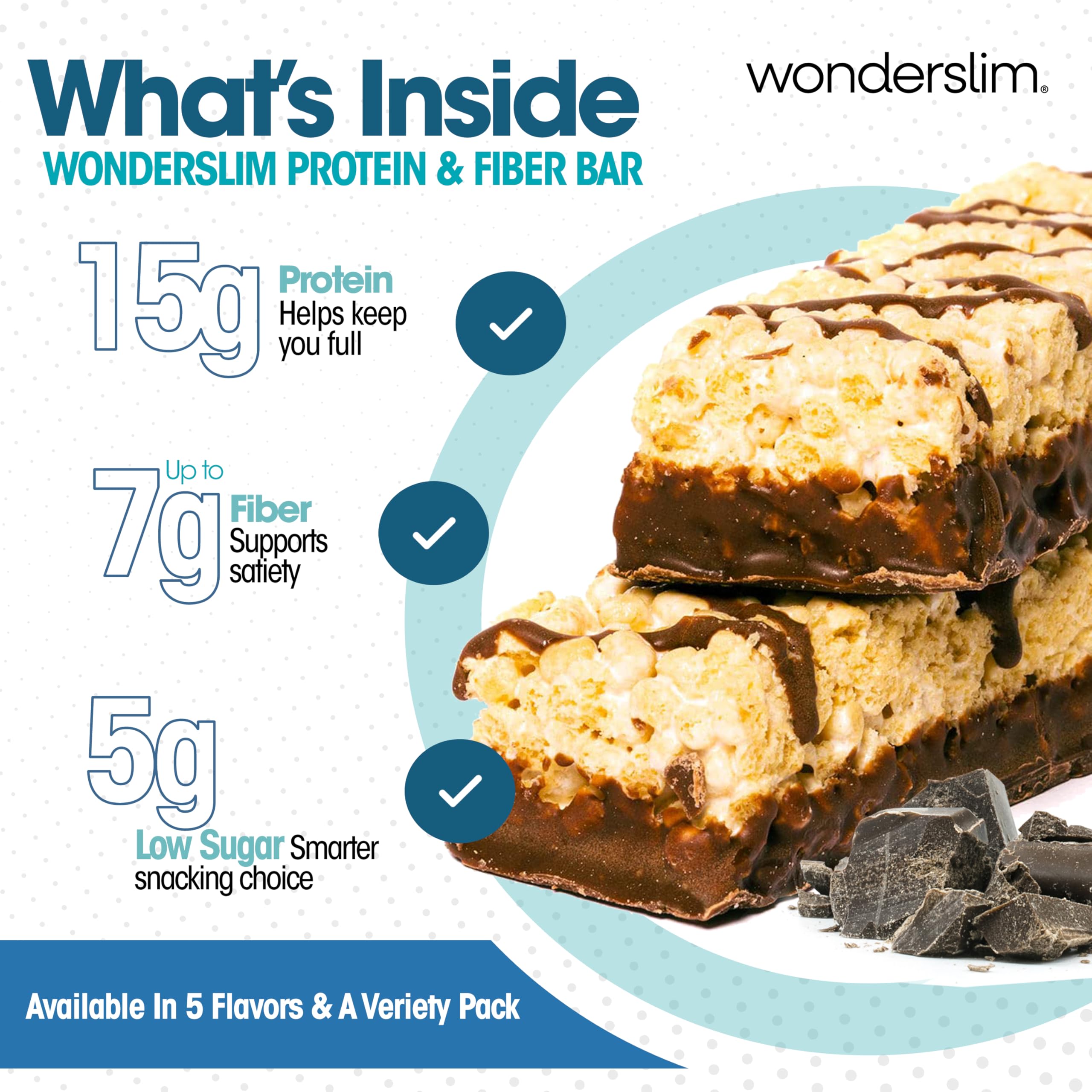 WonderSlim high-fiber bars fluffy s'more crisp texture inviting bite for flavor lovers.