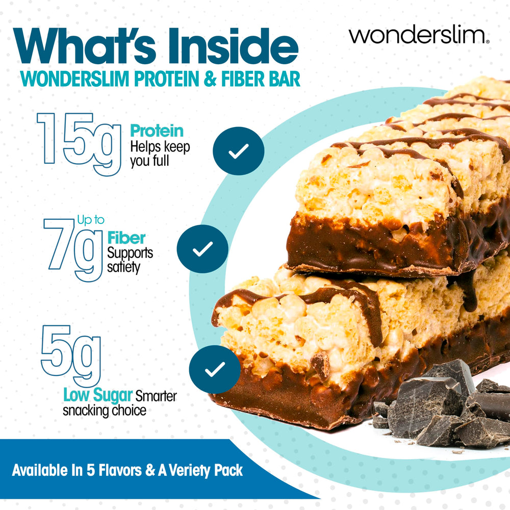 WonderSlim high-fiber bars fluffy s'more crisp texture inviting bite for flavor lovers.