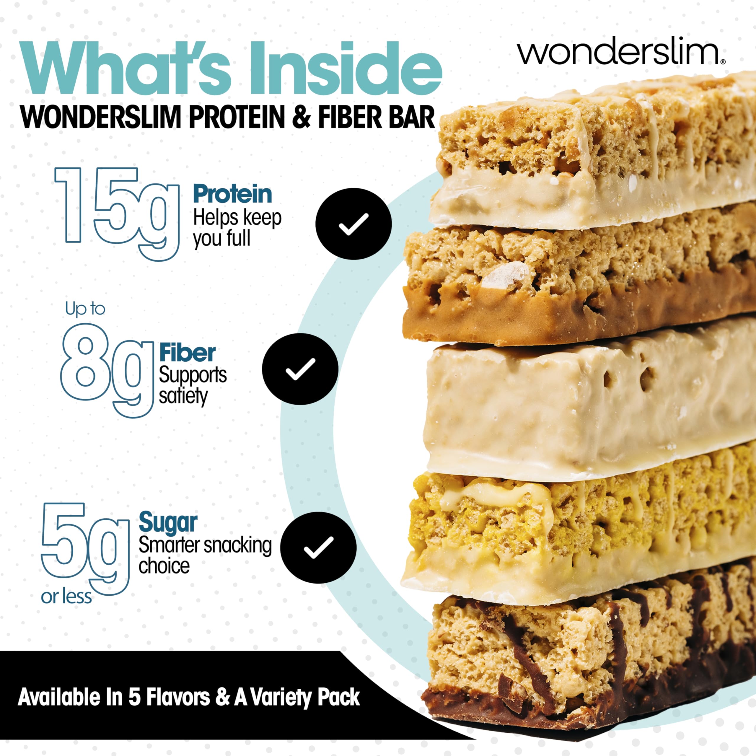 WonderSlim nutrition panel shows 15g protein and up to 8g fiber.