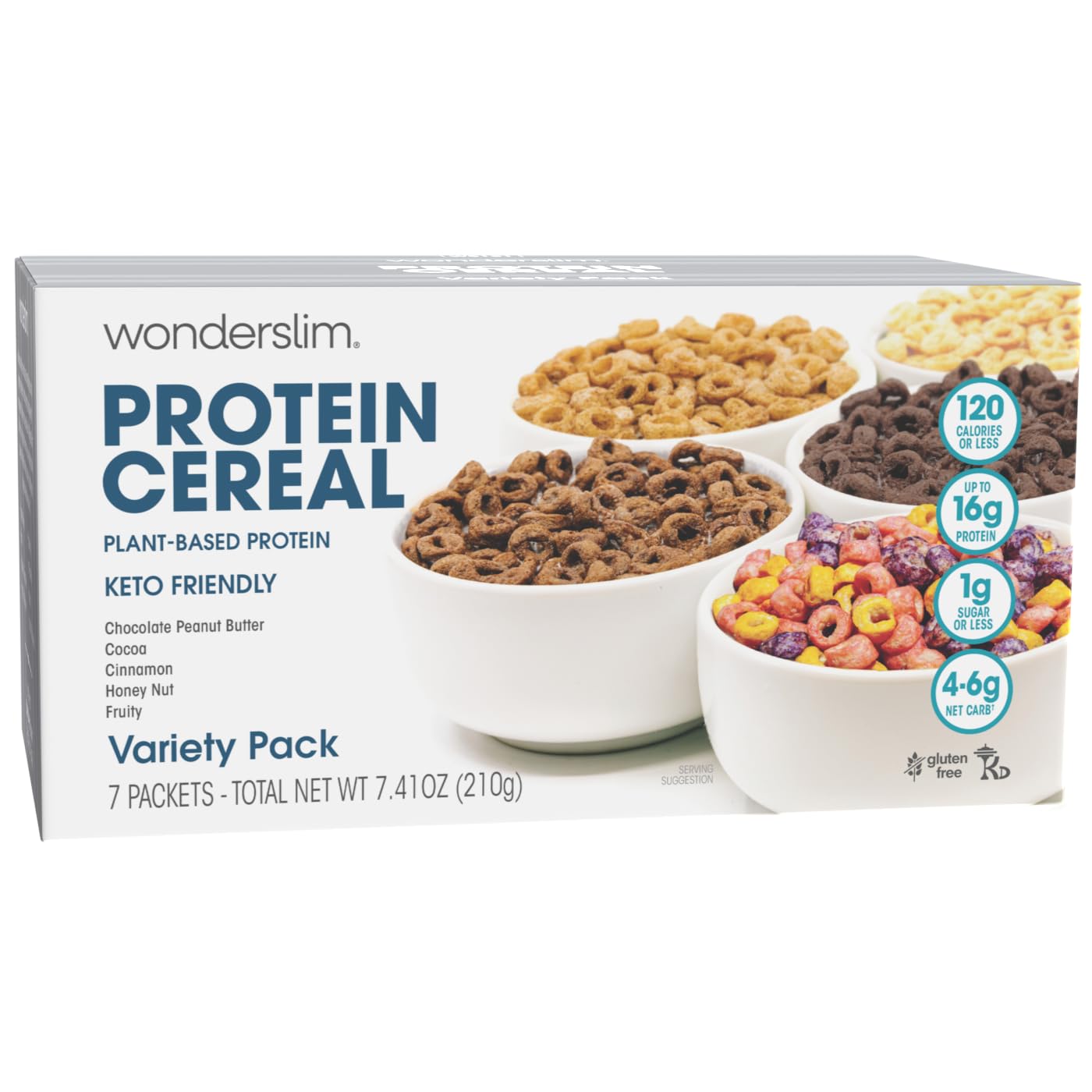 WonderSlim Protein Cereal variety pack in a morning bowl, quick low-sugar breakfast option.