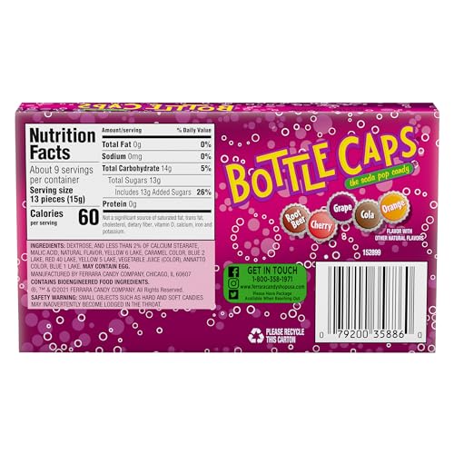Wonka Bottle Caps flavors selection highlights root beer, cherry cola, and more in bite-sized form.