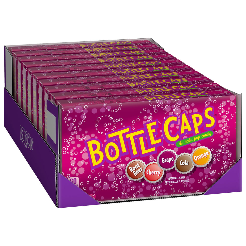 Wonka Bottle Caps theater box front shows classic fizz for nostalgic snacking and sharing.