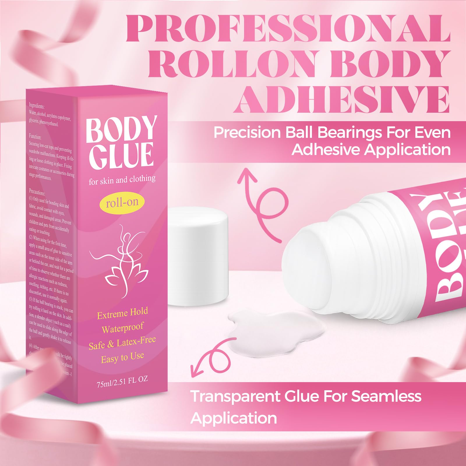 Wonshine Body Glue Roll-On applied on skin demonstrating precise application for secure fit