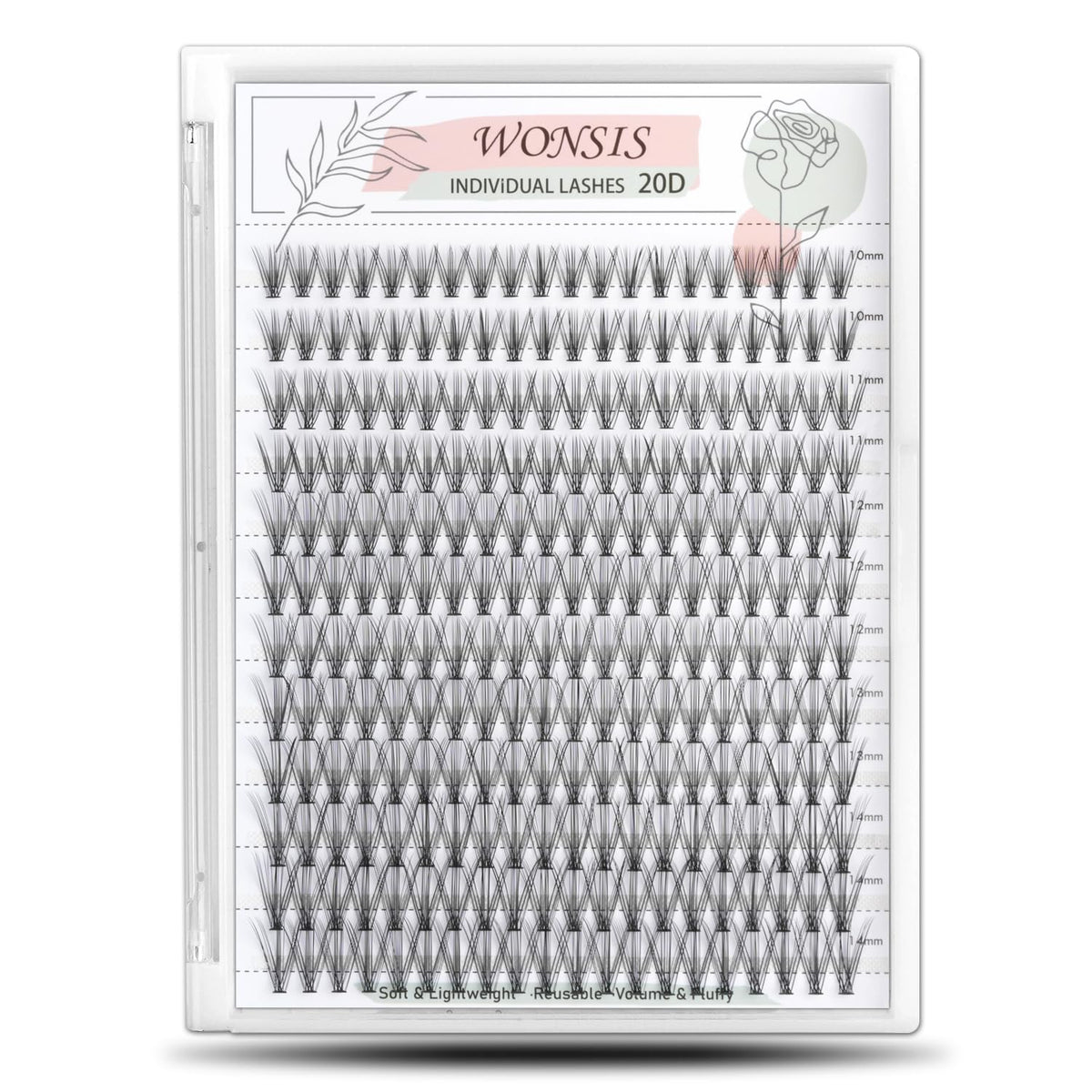 WONSIS 20D lash clusters pack closeup shows lightweight fibers for natural volume.