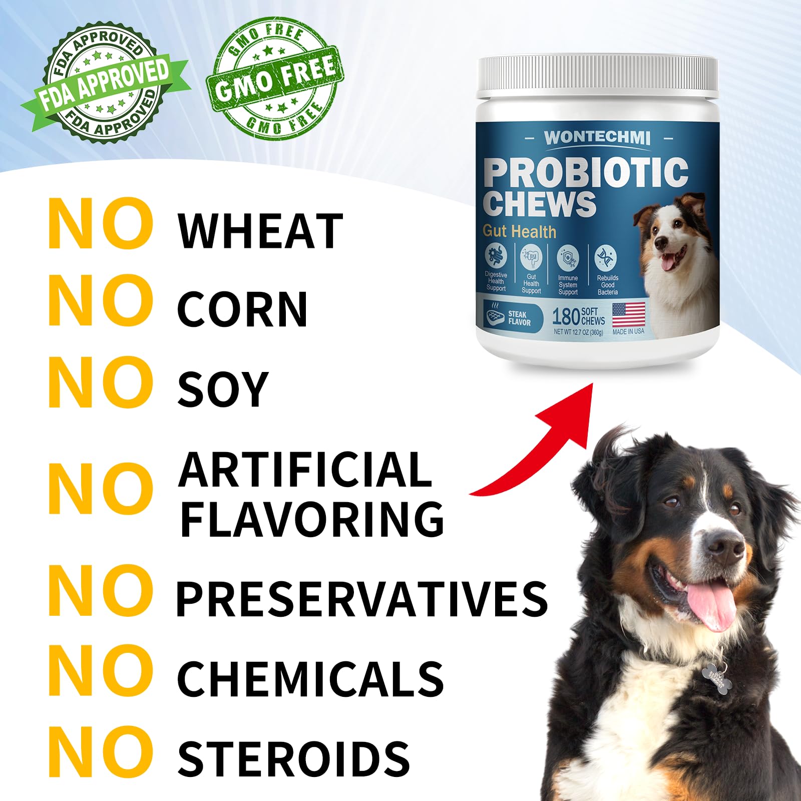 Wontechmi Probiotics for Dogs natural ingredients label indicates USA-made quality.