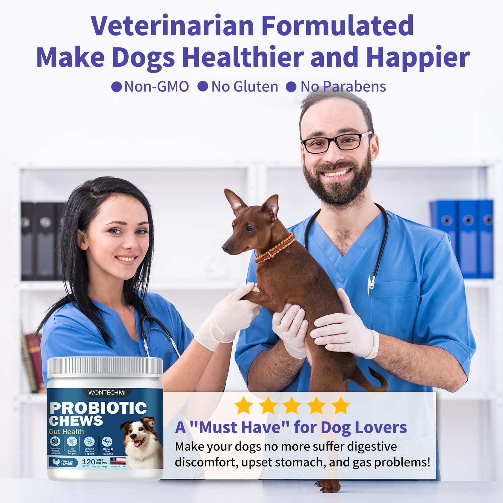 WONTECHMI Probiotics for Dogs packaging, resealable bottle for freshness