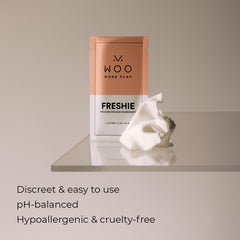 Woo More Play Freshies cranberry extract panel emphasizing natural scent and skin care.