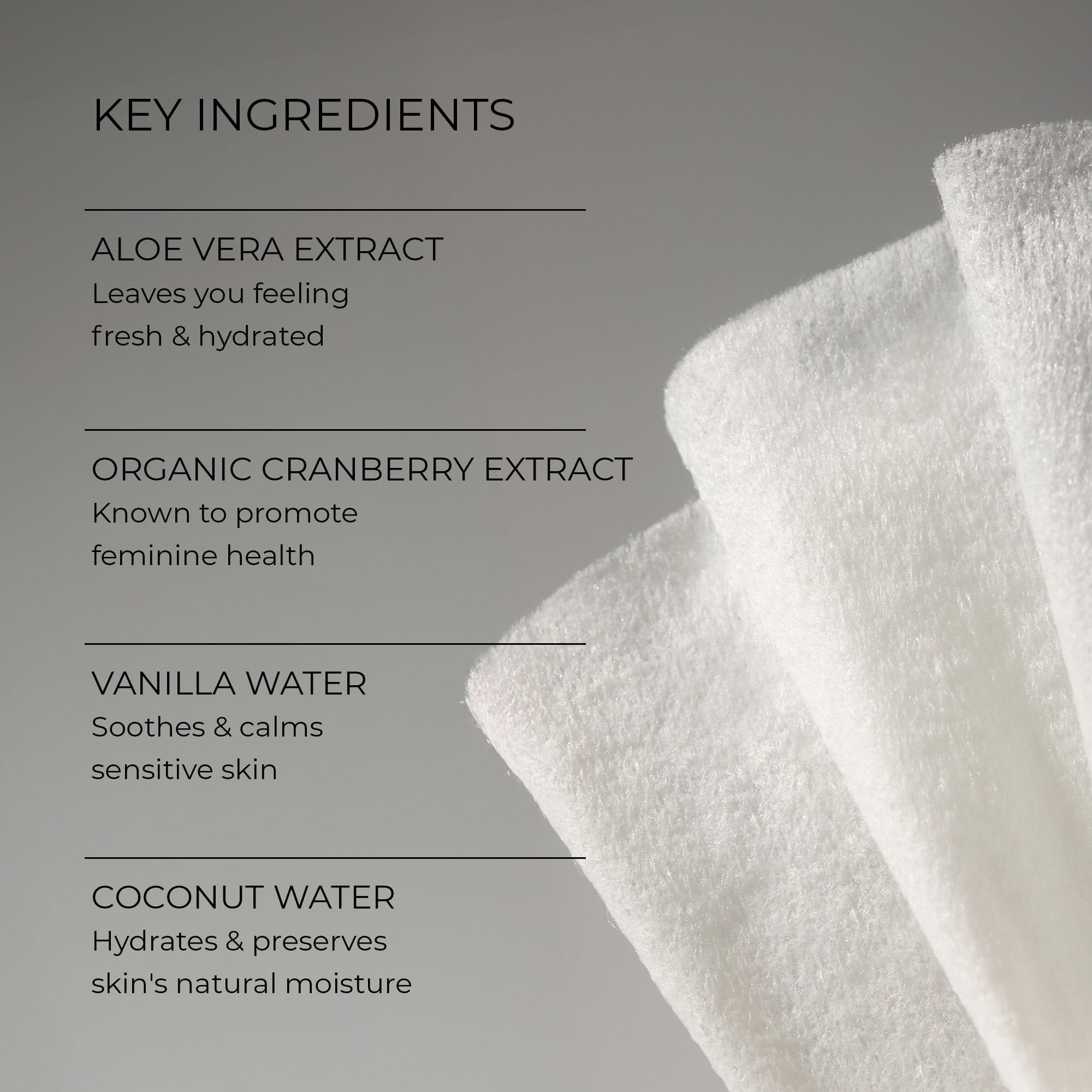 Woo More Play Freshies ingredients highlight aloe vera and coconut oil for gentle skin support.