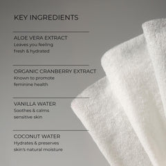 Woo More Play Freshies ingredients highlight aloe vera and coconut oil for gentle skin support.