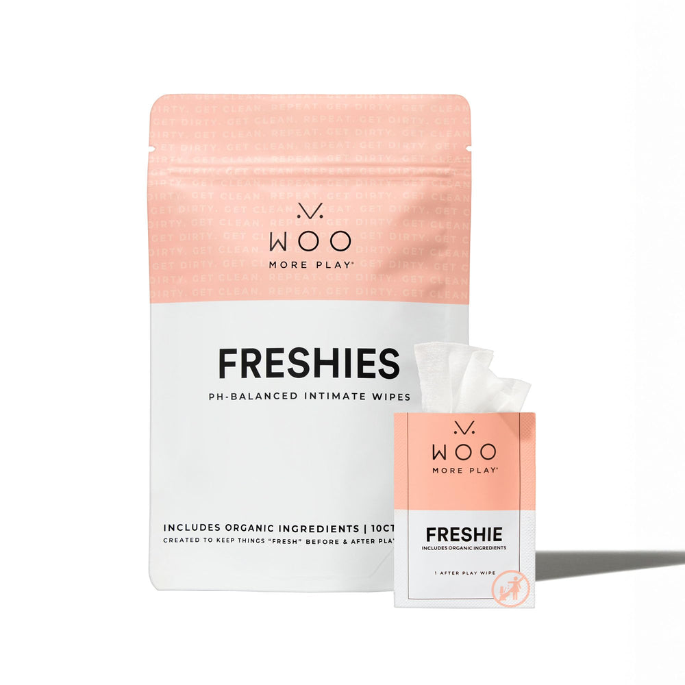 Woo More Play Freshies wipes pack front showing vegan, cruelty-free feminine care in a discreet package.