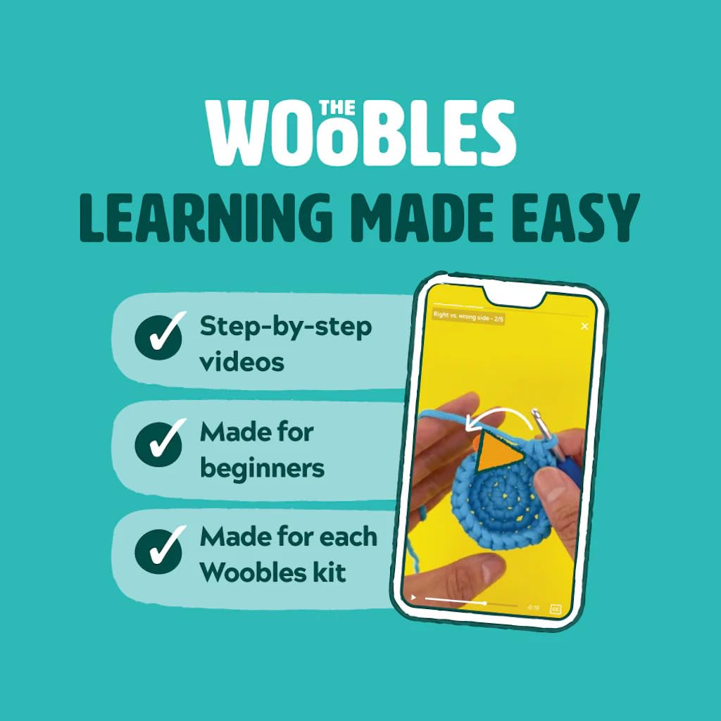 The Woobles crochet accessories: hook, needle, and eyes neatly included for quick projects.