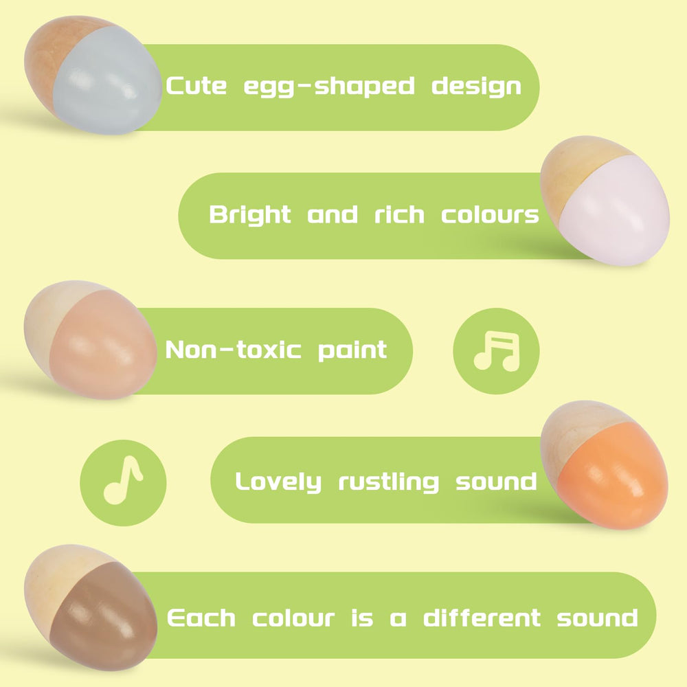 WoodenEdu egg shakers emit soft rustling sounds great for early music exploration.