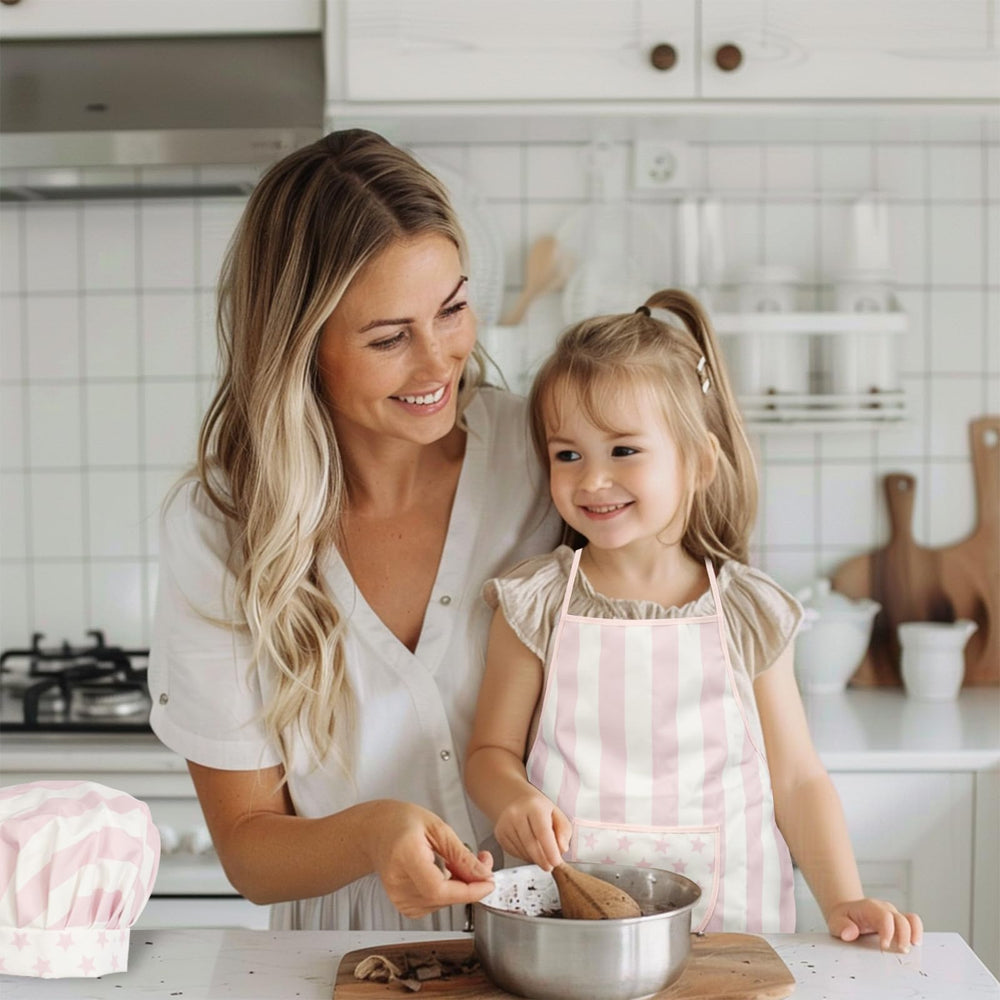 WoodenEdu pink apron and hat with playful baking activity.