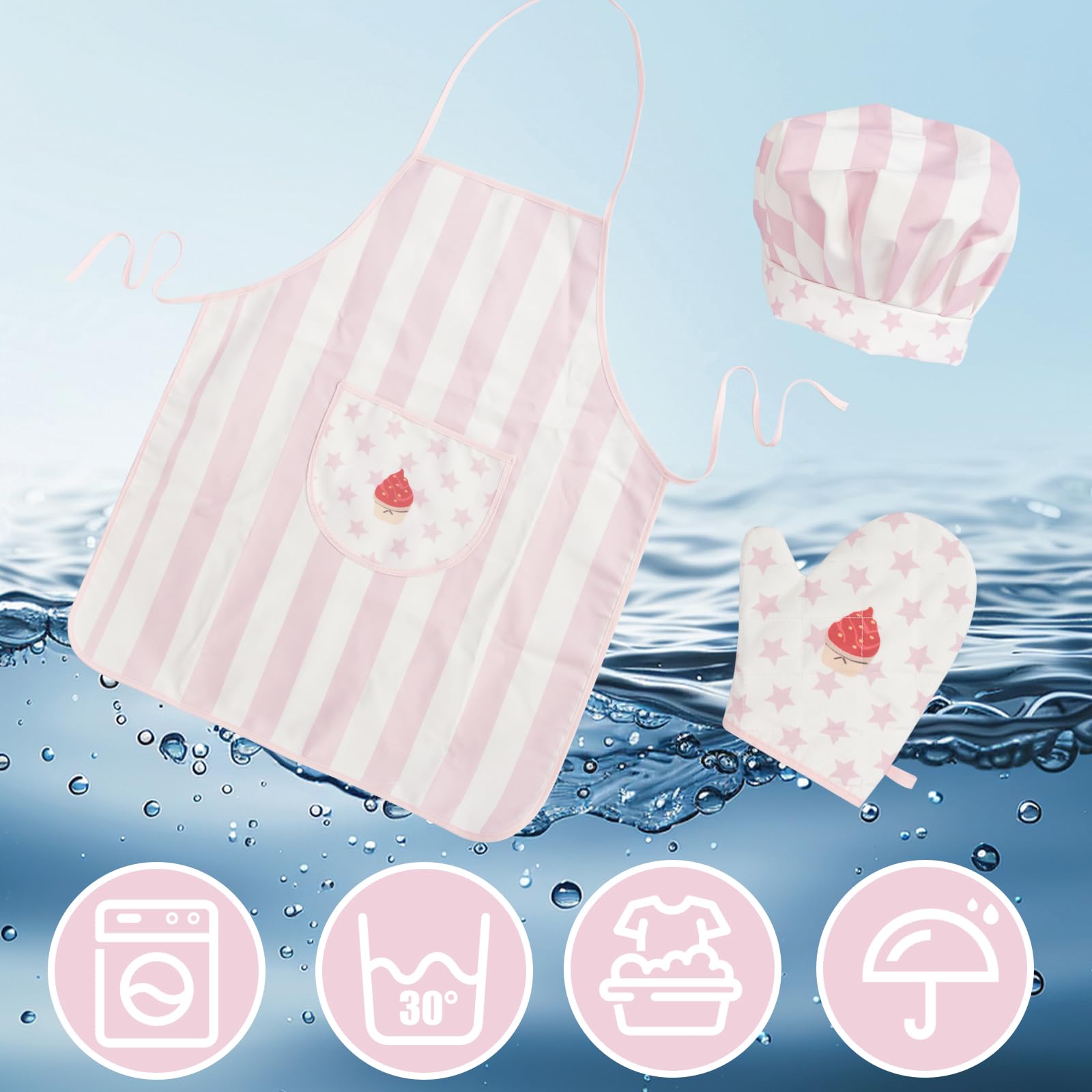 WoodenEdu pink apron set in bright kitchen dress-up scene.