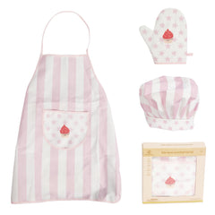 WoodenEdu Pink kid apron and chef hat front view for imaginative cooking play.