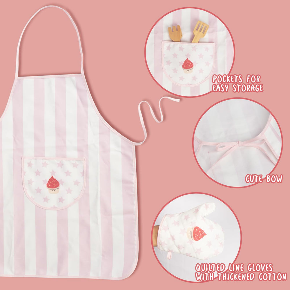 WoodenEdu pink oven mitt shown with utensils for safe, hands-on cooking.