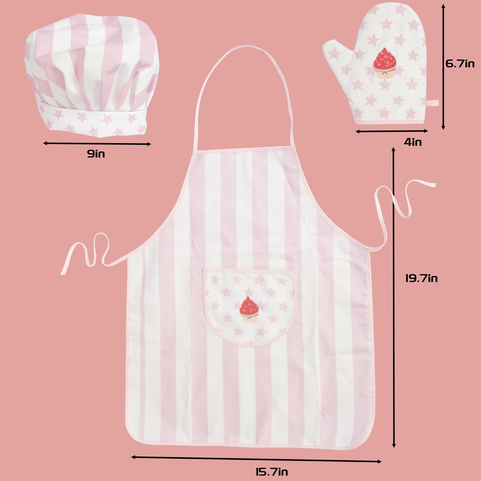 WoodenEdu pink kid apron and hat worn during pretend baking adventures.