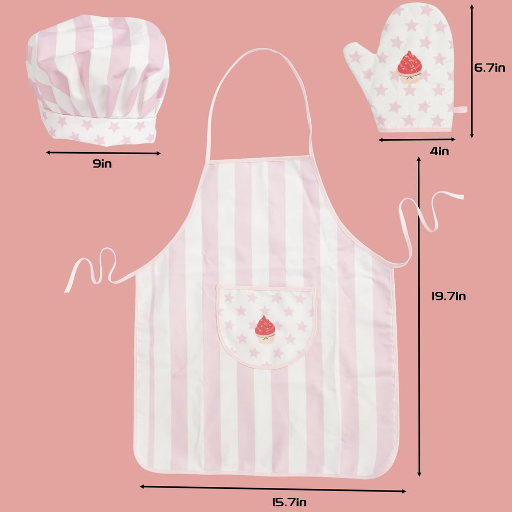 WoodenEdu pink kid apron and hat worn during pretend baking adventures.