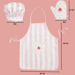 WoodenEdu pink kid apron and hat worn during pretend baking adventures.