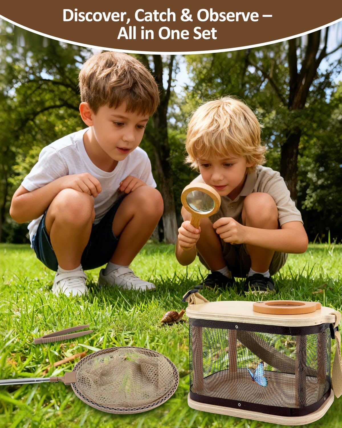 WoodsyJoy magnifying glass for close-up insect viewing during outdoor adventures