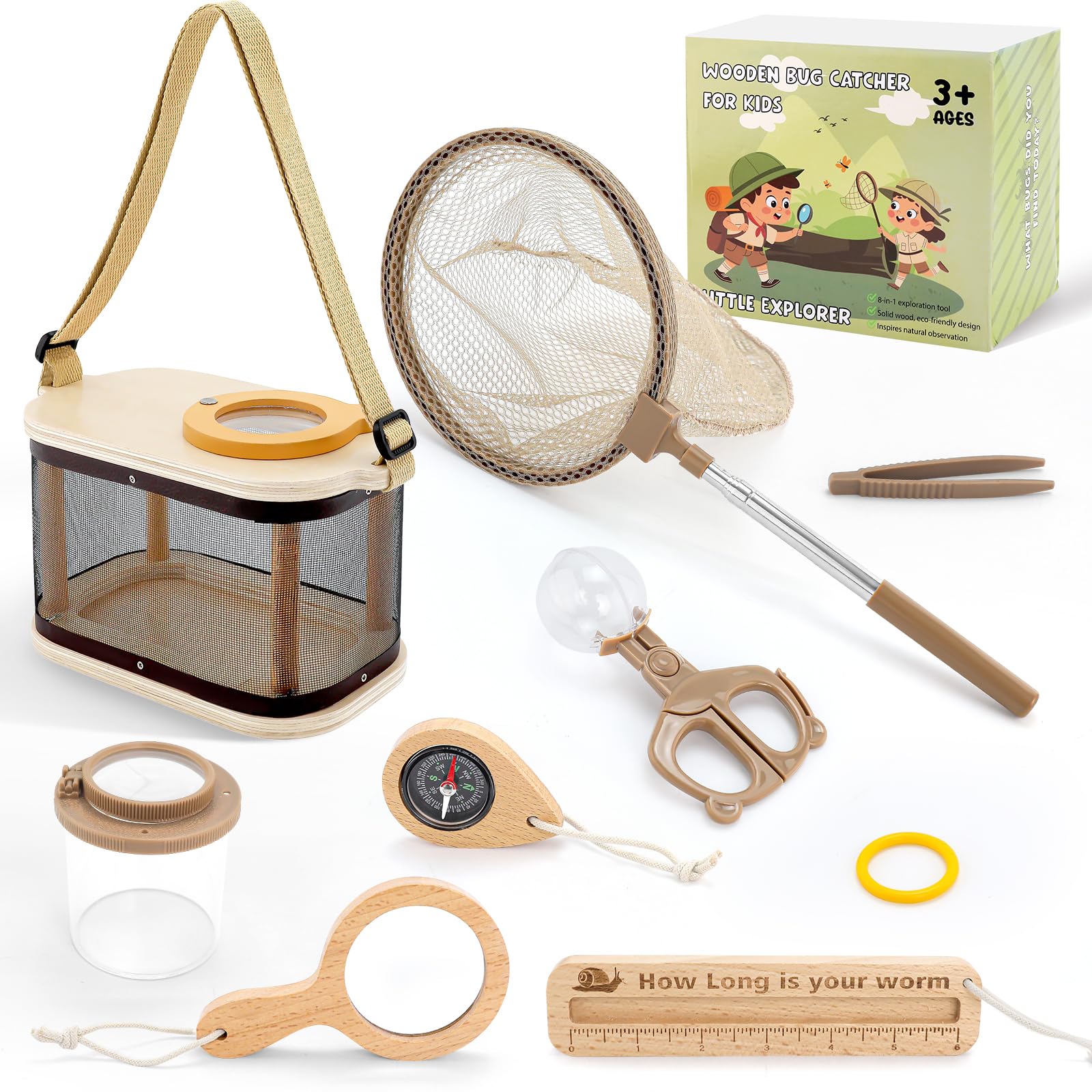 WoodsyJoy wooden bug catcher net for safe backyard exploration and discovery with kids