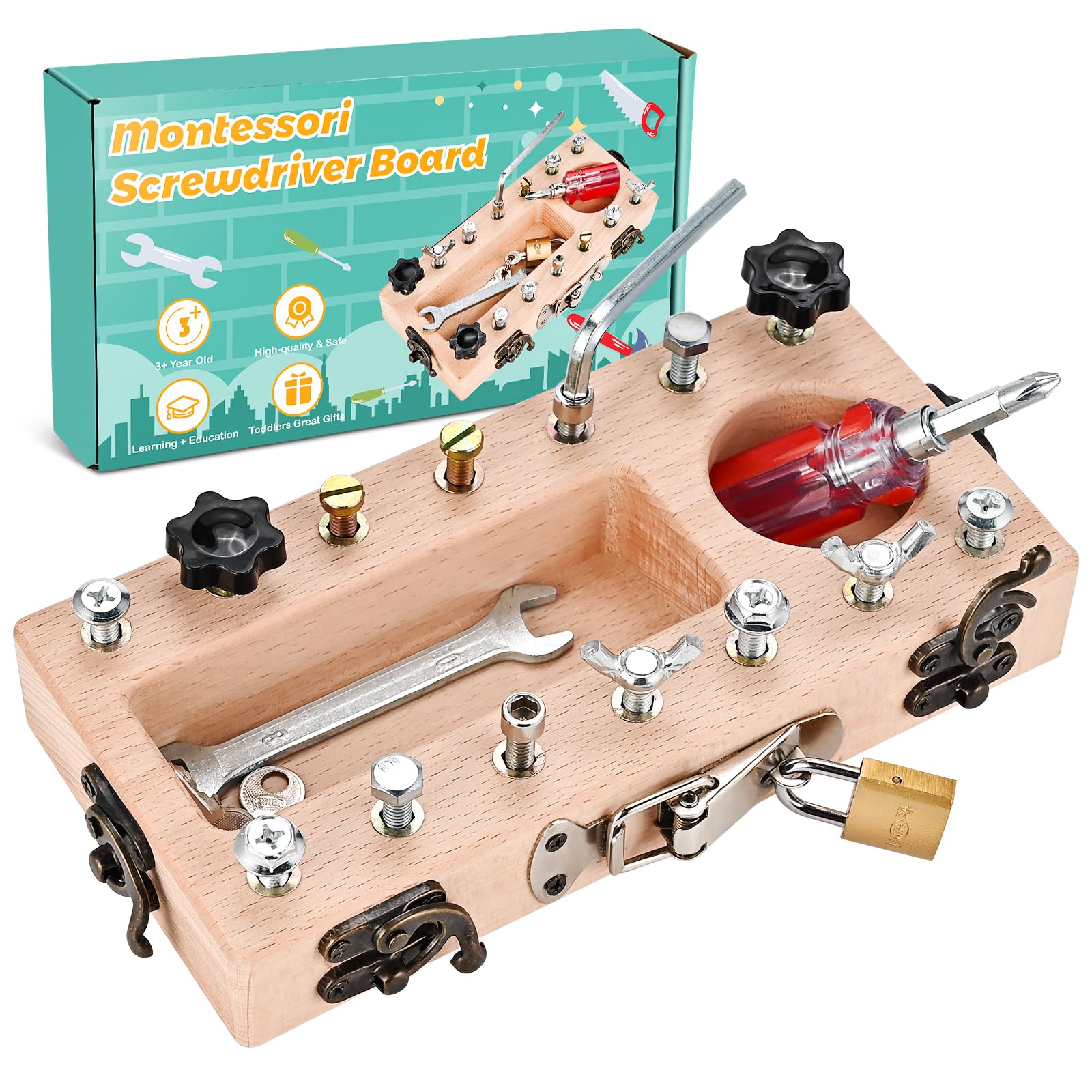WoodTrove Montessori screwdriver board components for little hands.