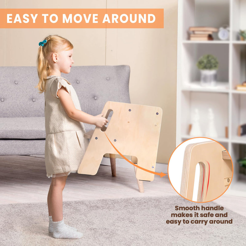 Woodure height-adjustable platform helps growing children reach sinks.