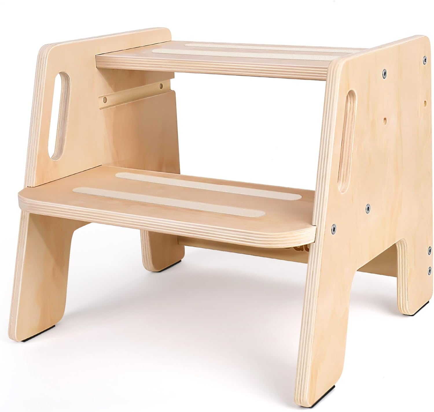 Woodure toddler step stool height-adjustable in a home setting.