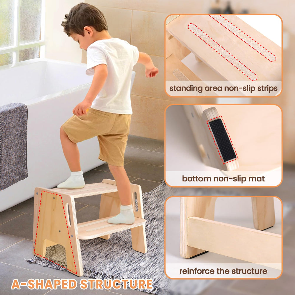 Woodure toddler step stool with side handles for safer climbing.