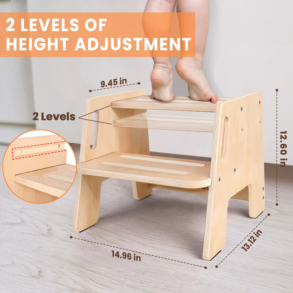Woodure wooden step stool used as a bath aid in the bathroom.