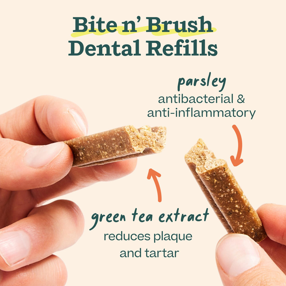 WOOF Bite n' Brush with green tea extract for gentle cleaning.