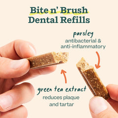 WOOF Bite n' Brush with green tea extract for gentle cleaning.