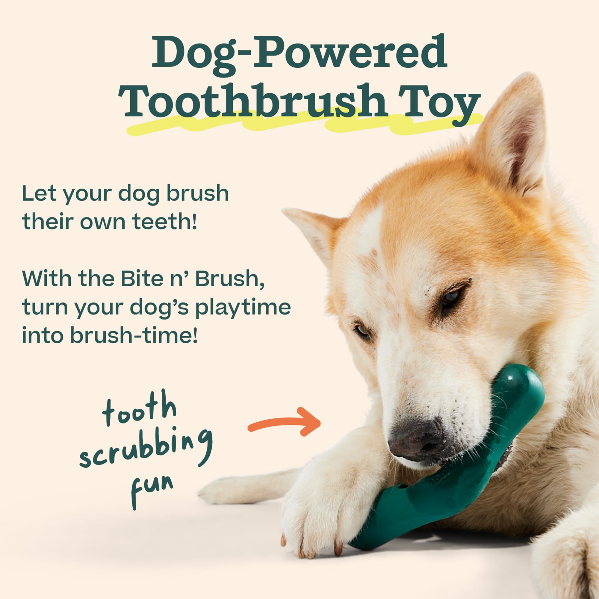 WOOF Bite n' Brush toy shows V-shaped bristles for multi-angle cleaning.