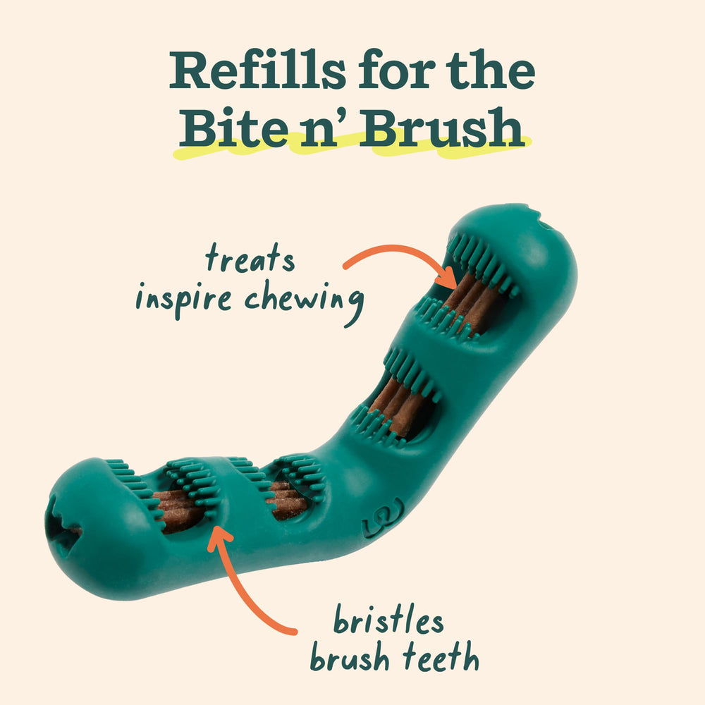 In-use instructions show insertion of refill for brushing while chewing.